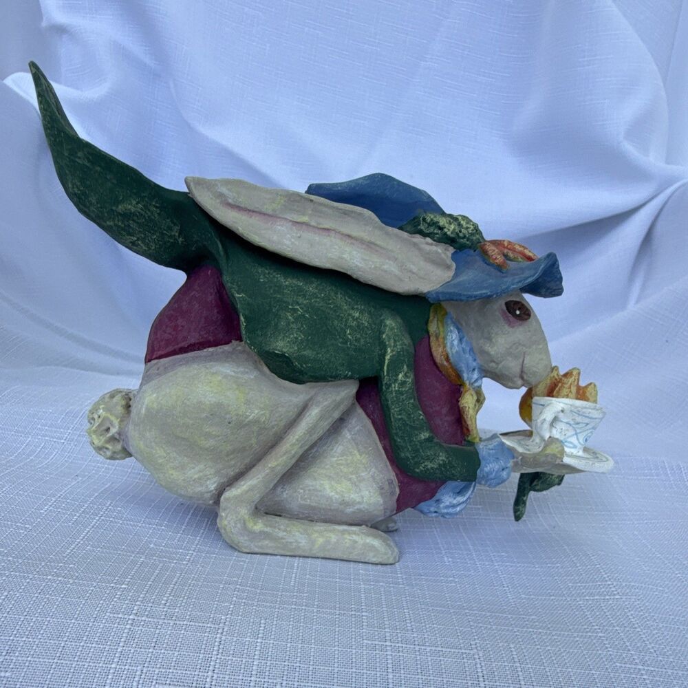 Deer Hand Painted Rabbit Figurine w/ Tea Cup, Floral Hat, Multicolor Resin